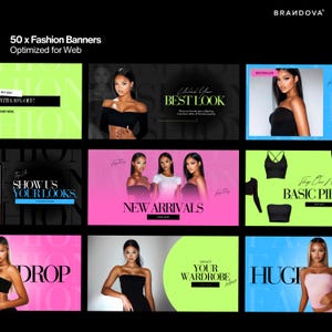 May include: A collection of colorful fashion banners with text that reads "Unlock Your Best Look", "Show Us Your Looks", "New Arrivals", "Drop", "Shop Our Basic Pieces", "Deviate Your Wardrobe", and "Huge".