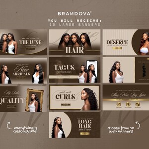 Puede incluir: Diez banners web personalizables para un negocio de extensiones de cabello. Los banners presentan im&aacute;genes de mujeres con cabello largo y fluido, as&iacute; como texto que promociona los productos y servicios de la empresa. Los banners est&aacute;n dise&ntilde;ados en un esquema de color marr&oacute;n y dorado.