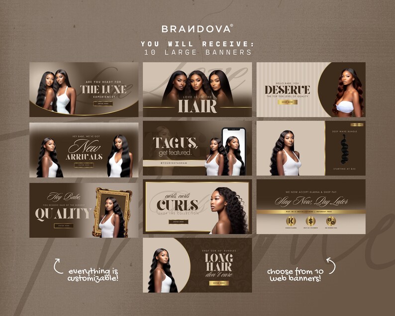 Puede incluir: Diez banners web personalizables para un negocio de extensiones de cabello. Los banners presentan im&aacute;genes de mujeres con cabello largo y fluido, as&iacute; como texto que promociona los productos y servicios de la empresa. Los banners est&aacute;n dise&ntilde;ados en un esquema de color marr&oacute;n y dorado.
