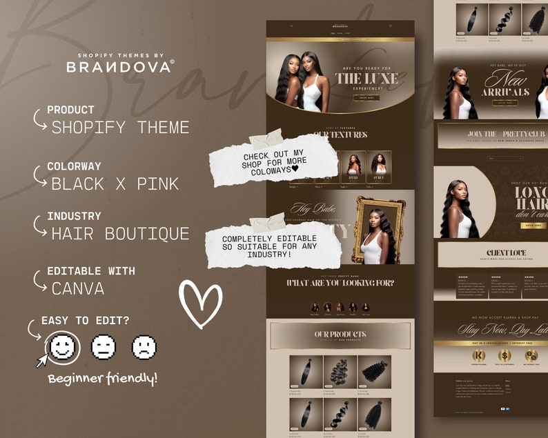Puede incluir: Una maqueta de sitio web para una boutique de cabello con un esquema de color negro y rosa. El sitio web est&aacute; dise&ntilde;ado para ser f&aacute;cil de editar con Canva y es amigable para principiantes. El sitio web presenta una variedad de extensiones y pelucas para el cabello, as&iacute; como una secci&oacute;n para nuevos productos. El sitio web tambi&eacute;n incluye una secci&oacute;n para testimonios de clientes y una llamada a la acci&oacute;n para unirse al PrettyCU Club.