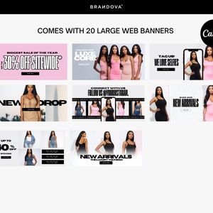 Puede incluir: Un conjunto de banners web para una tienda de ropa online. Los banners muestran modelos con diferentes atuendos y anuncian ventas y nuevas llegadas. Los banners incluyen texto como "Biggest Sale of the Year", "30% Off Sitewide", "New Arrivals", "Connect with Us", "Tagus! We Love Selfies", y "Shop Our New Arrivals".