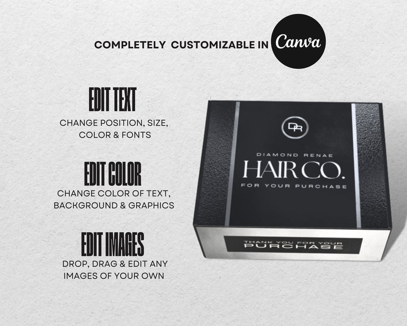 Puede incluir: Una caja negra con detalles plateados y el texto "DIAMOND RENAE HAIR CO. FOR YOUR PURCHASE" y "THANK YOU FOR YOUR PURCHASE".