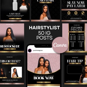50 Pack Luxury Hair IG Flyers|Canva Editable Hairstylist Branding Kit|Simple, Chic and Sleek,Gold| Rose Gold|Hair Business Instagram Content