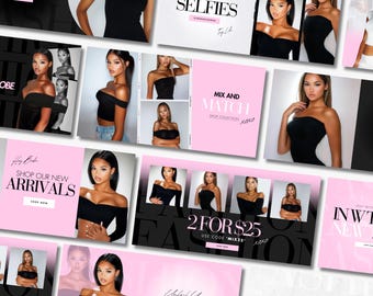 Pack of 100 Fashion Web Banners, Pink, Black & White Clothing Website Banner, Streetwear, Clothes, Classy Banners for Shopify, Wix Website