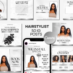 50 Pack Luxury Hair IG Flyers | Canva Editable Hairstylist Branding Kit | Simple | Hair Business | White Silver