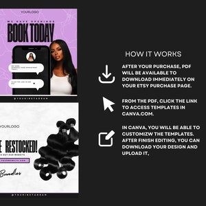 May include: Two social media graphics for a hair extension business. The first graphic is purple with white lines and text that says "We have openings, Book Today". The second graphic is gray with black text that says "We've restocked! Check out our website, www.yourwebsite.com #Bundles". Both graphics feature images of black hair extensions.