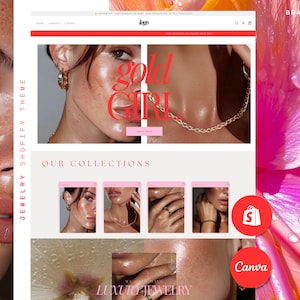 May include: A website mockup for a jewelry Shopify theme. The site features images of gold jewelry, including earrings and necklaces. The words "gold girl" are displayed in red. A pink flower is in the background.