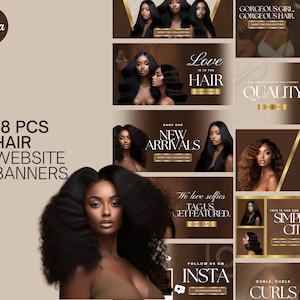 18 HAIR BANNERS  Boutique Pack | Website Banners | Hairstylist Shopify Banners | Beauty Hair Branding | Diy Website Template | Brown Gold