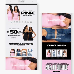 Puede incluir: Una captura de pantalla de un sitio web que presenta una venta de ropa para mujeres. El sitio web se llama "Pretty Clothes" y ofrece una variedad de estilos de ropa, incluyendo vestidos rosas, jeans de mezclilla y blusas. La venta es de hasta el 50% de descuento y se llama "Fin de temporada".