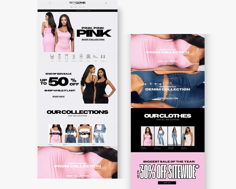 Puede incluir: Una captura de pantalla de un sitio web que presenta una venta de ropa para mujeres. El sitio web se llama "Pretty Clothes" y ofrece una variedad de estilos de ropa, incluyendo vestidos rosas, jeans de mezclilla y blusas. La venta es de hasta el 50% de descuento y se llama "Fin de temporada".