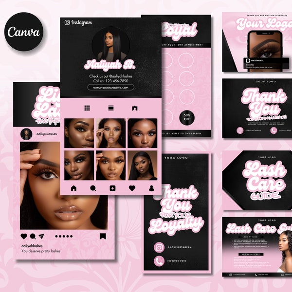 Business Card Template | Thank You Card Design | Premade Business Cards Bundle Kit | Girly Pink Lash Tech, Nails, Hairstylist, Hair