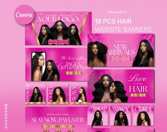 May include: Pink and gold website banners for a hair company called Brandova. The banners feature images of women with different hairstyles, including straight, wavy, and curly. The text on the banners includes "18 PCS Hair Website Banners", "Shop Our New Arrivals", "We Love Selfies Tag Us Get Featured", "Love Is In The Hair", "Slay Now, Pay Later", and "Straight", "Wavy", and "Curly".
