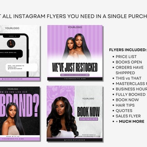May include: Three Instagram post templates for a hair salon or stylist. The first template features a phone screen with text that says "Girl, I need a new home girl stylist". The second template features two women with long black hair and the text "We've just restocked". The third template features a woman with long black hair and the text "Book Now".