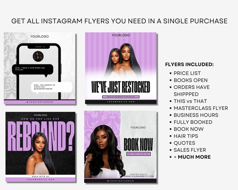 May include: Three Instagram post templates for a hair salon or stylist. The first template features a phone screen with text that says "Girl, I need a new home girl stylist". The second template features two women with long black hair and the text "We've just restocked". The third template features a woman with long black hair and the text "Book Now".