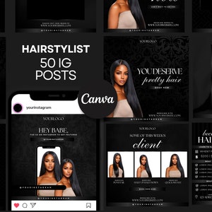 50 Hair IG Flyers |  Editable Hairstylist Branding Kit Templates | Simple, Chic and Sleek, Black | Hair Business Instagram Content