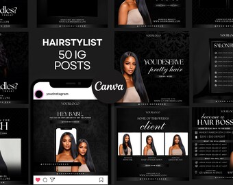 50 Hair IG Flyers |  Editable Hairstylist Branding Kit Templates | Simple, Chic and Sleek, Black | Hair Business Instagram Content