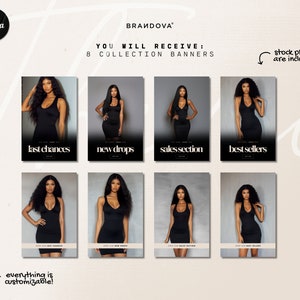 Puede incluir: Ocho banners de colecci&oacute;n personalizables con una modelo que lleva un vestido negro. Los banners incluyen el texto "last chances", "new drops", "sales section" y "best sellers".