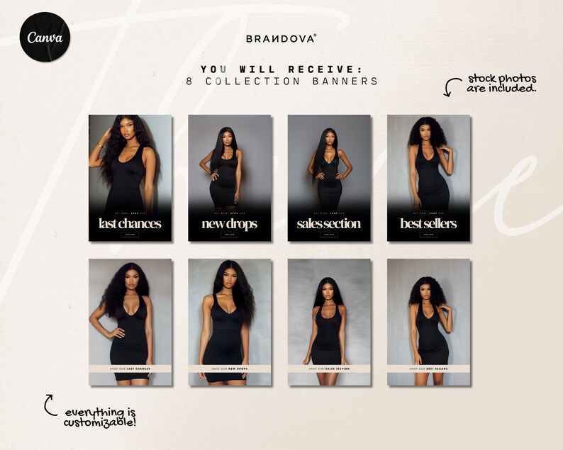 Puede incluir: Ocho banners de colecci&oacute;n personalizables con una modelo que lleva un vestido negro. Los banners incluyen el texto "last chances", "new drops", "sales section" y "best sellers".