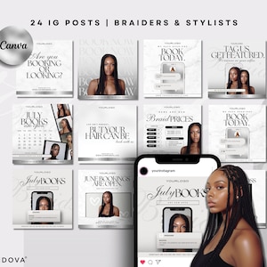 Hair Instagram Content | Braiding Hair Business Branding | Diy Canva Editable | White Silver Hairstylist Instagram Posts | Beauty Template