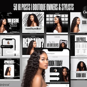 50 Hair Content Templates | Hair Business Branding | Canva Editable | Black White Hairstylist Instagram Posts | Beauty Wig Brand