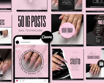 50 NAIL TECH FLYERS, Instagram Post Templates, Nail Technician Branding Kit, Nail Business Ig Flyers, Social Media Content, Sleek Minimalist