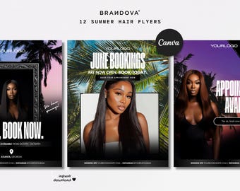 12 June Hair Booking Flyers, Booking Flyers Hairstylist Bundle, Pack Of Summer Classy Sleek IG Posts, Book Now, Summertime, Wig Install