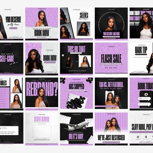 May include: A collection of social media graphics for a hair care business. The graphics feature a variety of images, including women with long, black hair, and text that promotes hair care services and products. The graphics are designed in a modern and stylish way, with a black and pink color scheme.