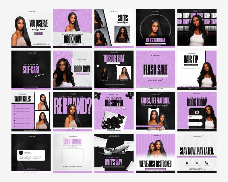 May include: A collection of social media graphics for a hair care business. The graphics feature a variety of images, including women with long, black hair, and text that promotes hair care services and products. The graphics are designed in a modern and stylish way, with a black and pink color scheme.