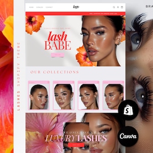 Peut inclure: Conception de site web pour une marque de cils, avec un modèle aux longs cils et le texte "lash BABE". La conception comprend des images de cils et les mots "LUXURY LASHES".