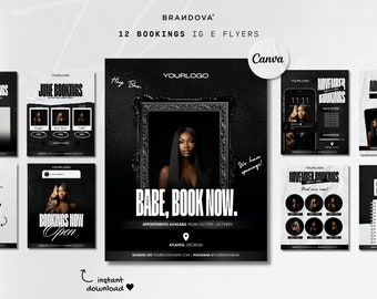 Puede incluir: Un conjunto de folletos promocionales en blanco y negro. Los folletos presentan imágenes de una mujer, con textos como "Babe, Book Now", "June Bookings" y "November Bookings". Los folletos están diseñados para Instagram e incluyen el texto "descarga instantánea".