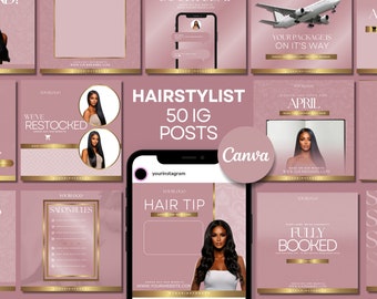 May include: A collection of pink and gold Instagram post templates for a hairstylist. The templates feature images of women with long, flowing hair, as well as text that says "Hairstylist", "50 IG Posts", "We've Restocked", "Salon Rules", "Hair Tip", "Books are open for April", and "Fully Booked".