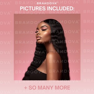 May include: A close-up of a woman with long, dark hair styled in loose waves. She is wearing a black top and has a natural makeup look. The background is a solid pink color with the text "PICTURES INCLUDED: + SO MANY MORE" repeated in a pattern.
