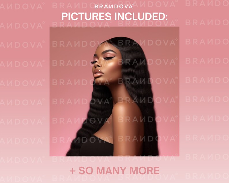 May include: A close-up of a woman with long, dark hair styled in loose waves. She is wearing a black top and has a natural makeup look. The background is a solid pink color with the text "PICTURES INCLUDED: + SO MANY MORE" repeated in a pattern.