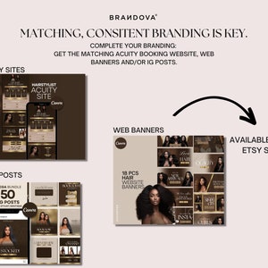 May include: A collage of images showcasing a branding package for a hair stylist. The package includes a website, social media posts, and web banners. The images are in a brown and gold color scheme and feature a woman with long, dark hair.
