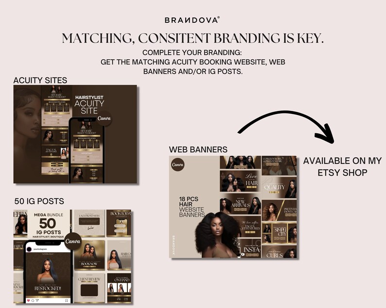 May include: A collage of images showcasing a branding package for a hair stylist. The package includes a website, social media posts, and web banners. The images are in a brown and gold color scheme and feature a woman with long, dark hair.