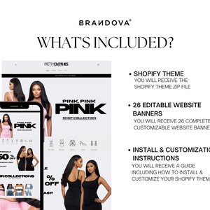 Puede incluir: Una captura de pantalla del dise&ntilde;o de un sitio web para una tienda de ropa en l&iacute;nea llamada "Pretty Clothes Boutique". El sitio web presenta un esquema de color rosa y negro con una modelo que lleva un vestido rosa. El texto "Pink, Pink, Pink Shop Collection" se muestra en el sitio web. El dise&ntilde;o del sitio web incluye un tema de Shopify, 26 banners de sitio web editables e instrucciones de instalaci&oacute;n y personalizaci&oacute;n.