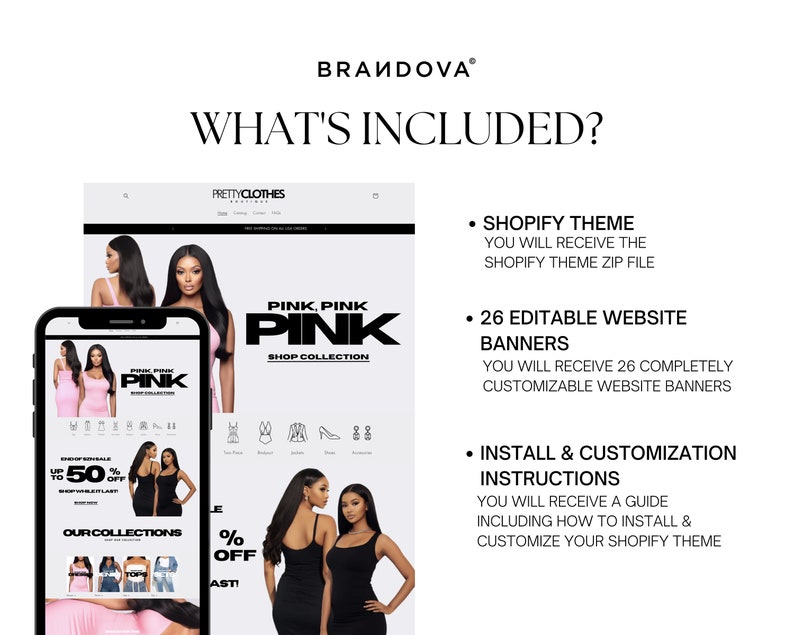 Puede incluir: Una captura de pantalla del dise&ntilde;o de un sitio web para una tienda de ropa en l&iacute;nea llamada "Pretty Clothes Boutique". El sitio web presenta un esquema de color rosa y negro con una modelo que lleva un vestido rosa. El texto "Pink, Pink, Pink Shop Collection" se muestra en el sitio web. El dise&ntilde;o del sitio web incluye un tema de Shopify, 26 banners de sitio web editables e instrucciones de instalaci&oacute;n y personalizaci&oacute;n.