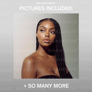 May include: A close-up portrait of a person with dark skin and black braids. The person is looking up and to the right. The background is a light gray with the text "BRANDOVA" repeated in a pattern.