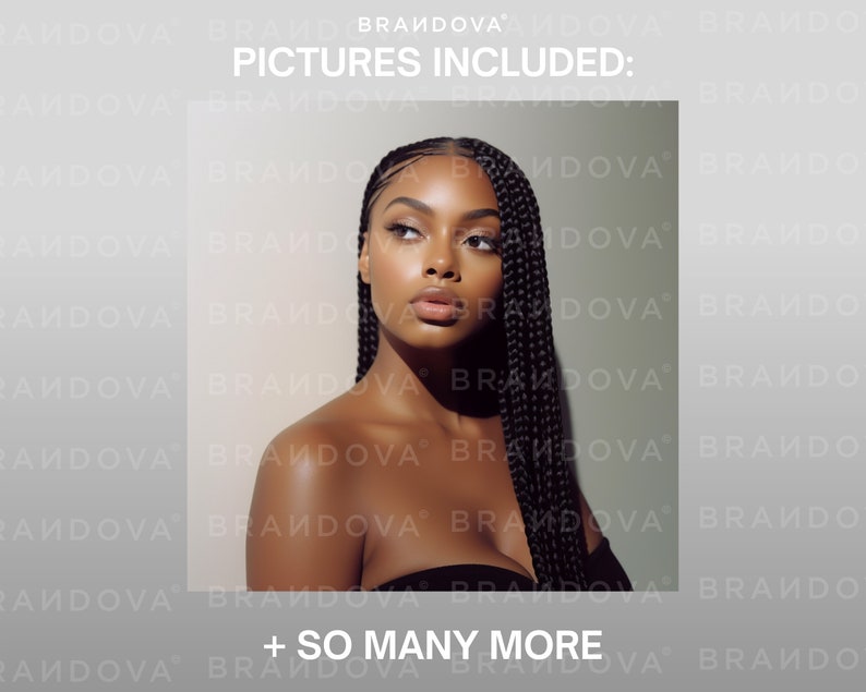 May include: A close-up portrait of a person with dark skin and black braids. The person is looking up and to the right. The background is a light gray with the text "BRANDOVA" repeated in a pattern.