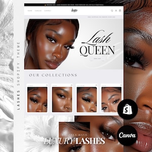 Puede incluir: Un diseño de sitio web con el texto "Lash Queen" y "Luxury Lashes". El diseño incluye imágenes de una mujer con largas pestañas e iconos para Shopify y Canva. El tema es para pestañas.