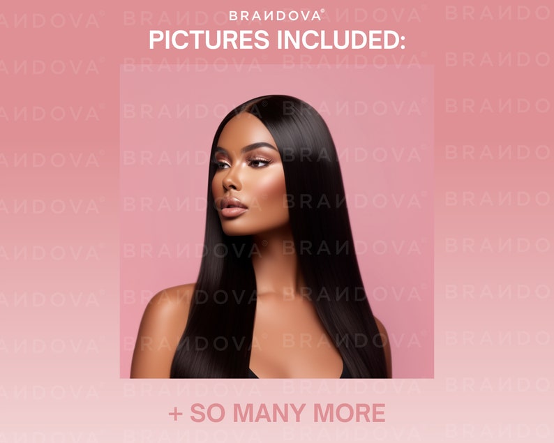 May include: A close-up of a woman with long, straight black hair. She is looking to the side and has a neutral expression. The background is a solid pink color. The text "PICTURES INCLUDED:" is at the top of the image, and the text "+ SO MANY MORE" is at the bottom of the image.