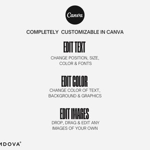 May include: A black and white graphic design template with the text "BRANDOVA" and "Canva" and the text "COMPLETELY CUSTOMIZABLE IN CANVA". The template also includes the text "EDIT TEXT", "EDIT COLOR", and "EDIT IMAGES" with instructions on how to edit each element.
