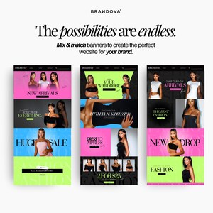 May include: A collage of nine colorful website banners for an online clothing store. The banners feature different models wearing various clothing items and have text such as "New Arrivals", "Your Wardrobe", "Shop Our New Arrivals", "30% Off of Everything", "Discover Our Little Black Dresses", "The Best Fashion", "Huge Sale", "Dress to Impress", "New Drop", "2 for $25", and "Fashion".
