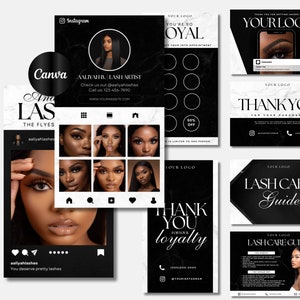 May include: A set of eight black and white branding cards for a lash artist. The cards feature a marble background with black text and graphics. The cards include a thank you card, a loyalty card, a lash care guide, and an Instagram post template. The text on the cards includes the business name "Aaliyah B. Lash Artist", the website address "www.yourwebsite.com", and the social media handle "@aaliyahlashes".