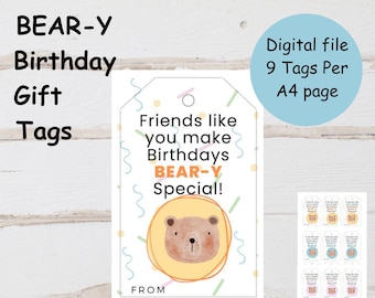 Printable Birthday Gift Tags | Teddy Bear | Beary | Bearly First Birthday | Teddy Bear Party | Teddy Bear Gift Tags | Instant Download