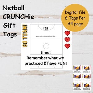 Netball Gift Tags | Crunchie Gift Tags | Netball Team Gifts | Netball Coach Team Gifts |  Sporting Favors | Team Favors