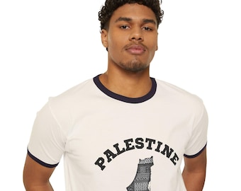 Palestine Map Ringer T-Shirt, Unisex Cotton Tee