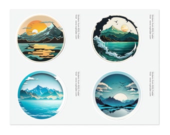 Island Mountain Landscape Sticker Sheet, Sunrise Sunset Vinyl Decals