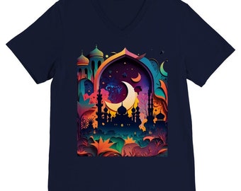 Unisex V-Neck T-Shirt: Neon Dreamscape Mosque, Islamic Gift