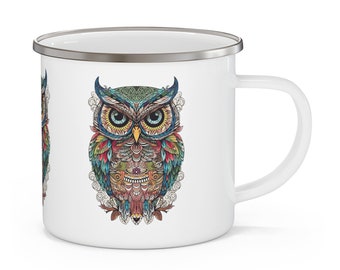 Mandala Owl Enamel Camping Mug, Colorful Coffee Mug, 12 oz